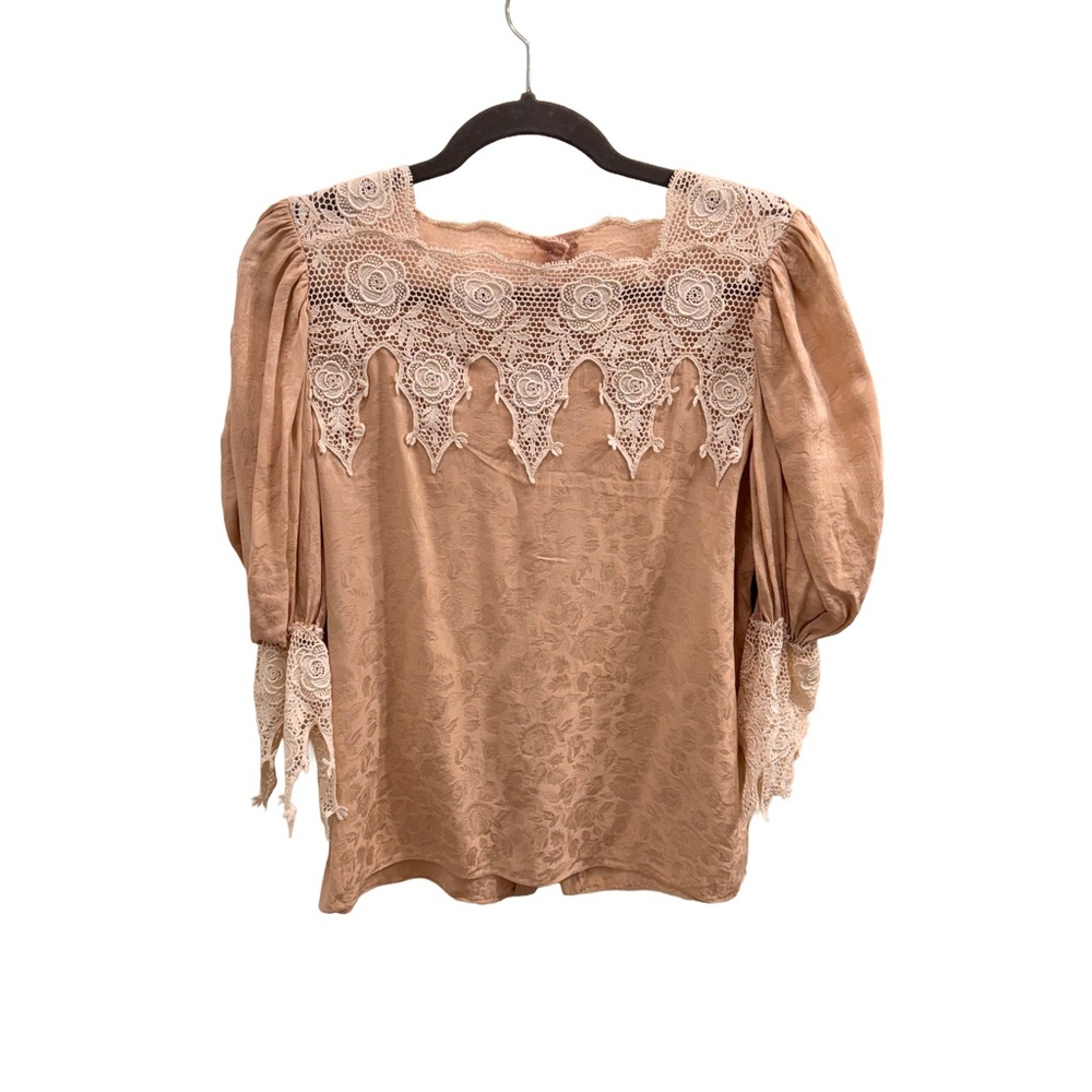 Capriccio by Digna Vintage 100% Silk Edwardian Lace Trim Blush Blouse
